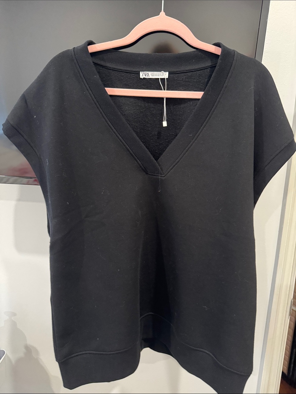 Zara Black V-Neck Short Sleeve Sweatshirt Oversized New No Tags SZ M